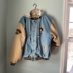 Vintage 90s Retro Varsity Jacket— Mickey Mouse club. Denim Body and Fleece Hood